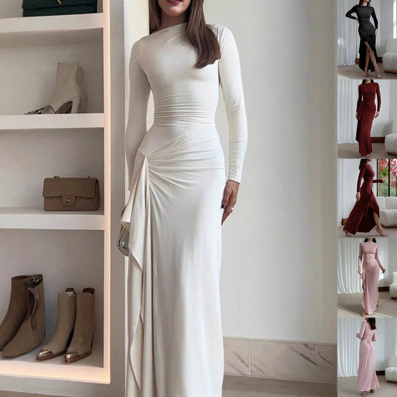 Slim-fitting Long-sleeved Asymmetric Split Dress Ins Fashion Solid Color Long Dresses For Women - Otaj Gifts