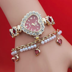 Fashion Diamond-embedded Love Heart-shaped Bracelet Watch Suit - Otaj Gifts