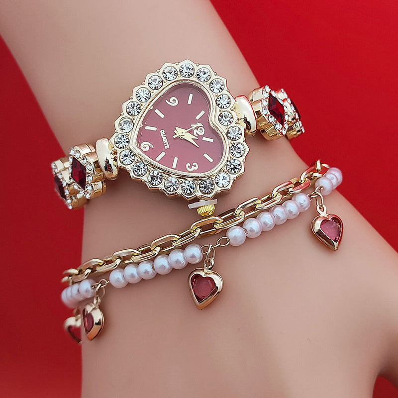 Fashion Diamond-embedded Love Heart-shaped Bracelet Watch Suit - Otaj Gifts
