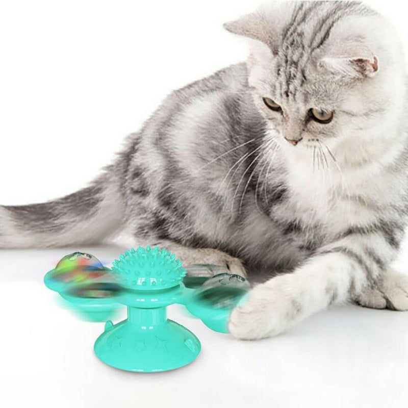 New Windmill Cat Toys Cute Rotating Interactive Cat Toy - Indoor Windmill Cat Toy With Suction Cup Catnip & Jagged Teeth Middle Ball, Smart Kitten Rotating Spinner Exercise Toy, Toothbrush & Massager - Otaj Gifts