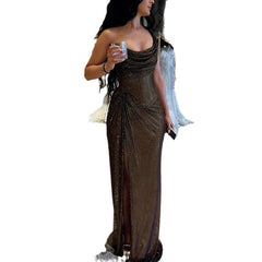 Split Gold And Silver Silk Dress Slim Women - Otaj Gifts