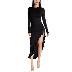 Round Neck Long Sleeve Slim Solid Color Frill Split Ruffled Dress - Otaj Gifts