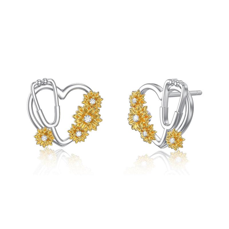 Sunflower Stethoscope Heart Earrings in Sterling Silver for Women Nurse - Otaj Gifts