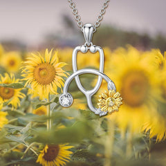 925 Sterling Silver Sunflower Stethoscope Medical Doctor Nurse Student Graduation Pendant Necklace - Otaj Gifts