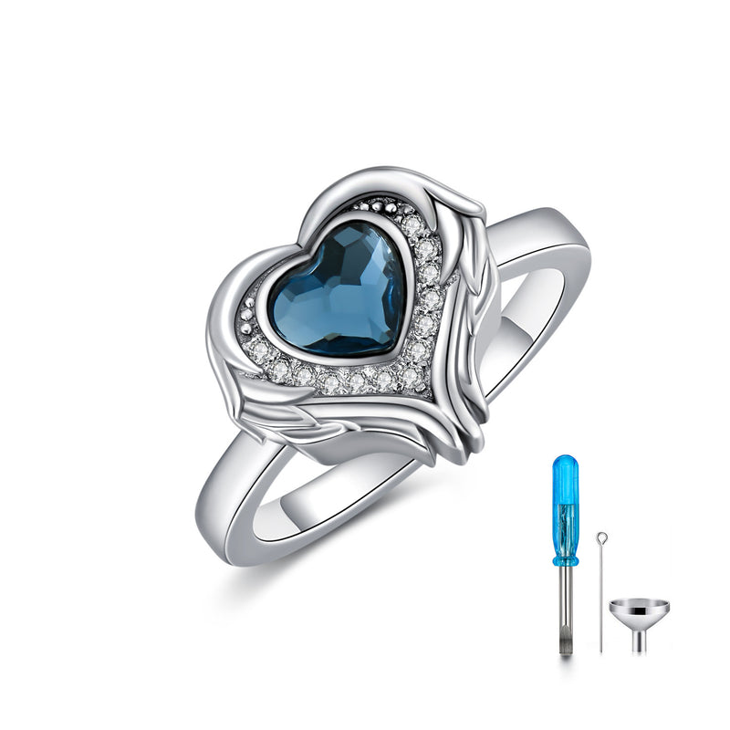925 Sterling Silver Angel Wing Heart Cremation Urn Holds Loved Ones Ashes Ring - Otaj Gifts