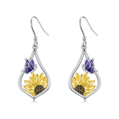 Sterling Silver Sunflower Dangle Earrings with Purple Butterfly Gift for Women - Otaj Gifts