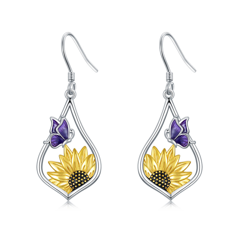 Sterling Silver Sunflower Dangle Earrings with Purple Butterfly Gift for Women - Otaj Gifts