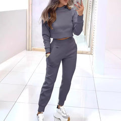 Stand Collar Sports Suit Fashion Pullover Long-sleeves Short Top And Slim Trousers With Pockets Solid Outfits Women's Clothing - Otaj Gifts