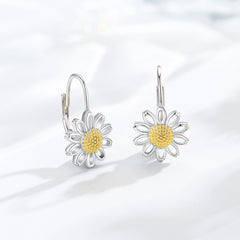 Daisy Leverback Hoop Earrings in White Gold Plated Sterling Silver - Otaj Gifts