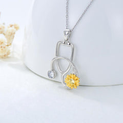 925 Sterling Silver Sunflower Stethoscope Medical Doctor Nurse Student Graduation Pendant Necklace - Otaj Gifts