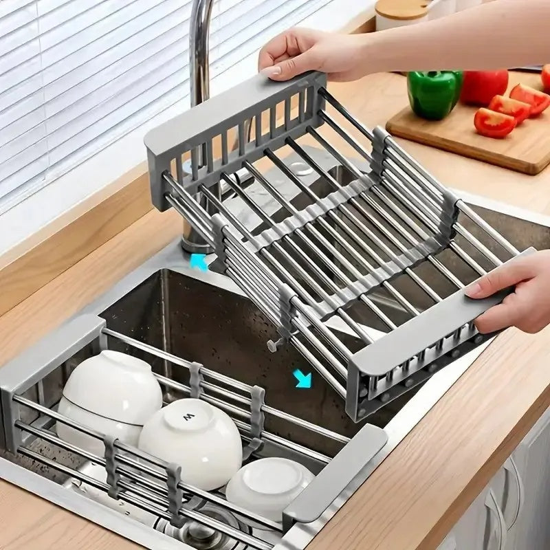 Adjustable Immersion Sink Dish Drying Rack With Stainless Steel Drain Basket - Portable And Retractable Space-Saving Fruit And Vegetable Solution - Otaj Gifts