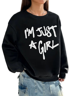 Women Basic Casual Pullover Spring Autumn Long Sleeve Just Girl Printed Round Neck - Otaj Gifts