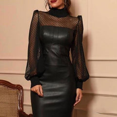 Black Mesh Stitching Tight Leather Skirt - Otaj Gifts