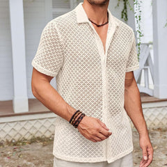 Summer Mesh Short Sleeve Shirt Fashion Solid Color Lapel Shirt Tops Beach Men Clothing - Otaj Gifts