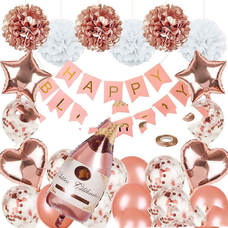 Rose Gold Balloon Set Birthday Decoration Bronzing Birthday Flag - Otaj Gifts