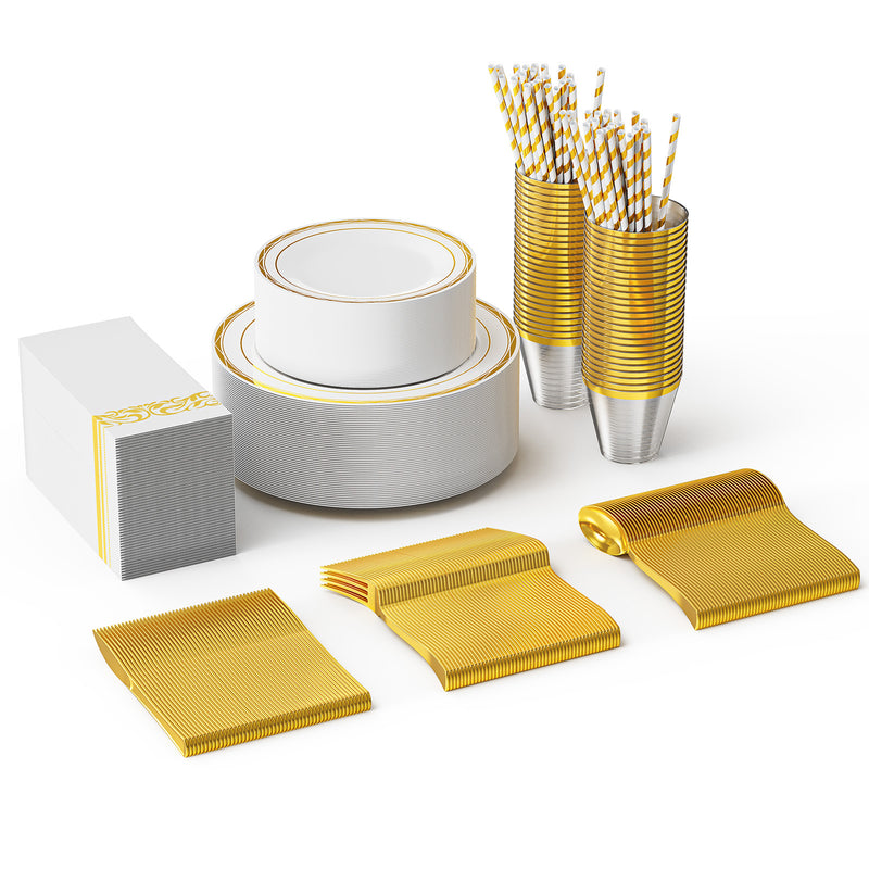 Set Of 50 Flat Plastic Round Gold Disposable Cutlery Containing Large And Small Plates, Cups, Cutlery, Paper Towels, Straws - Otaj Gifts