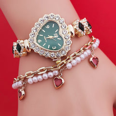 Fashion Diamond-embedded Love Heart-shaped Bracelet Watch Suit - Otaj Gifts