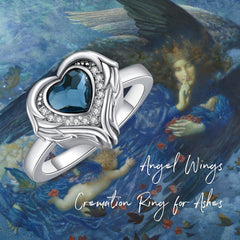 925 Sterling Silver Angel Wing Heart Cremation Urn Holds Loved Ones Ashes Ring - Otaj Gifts