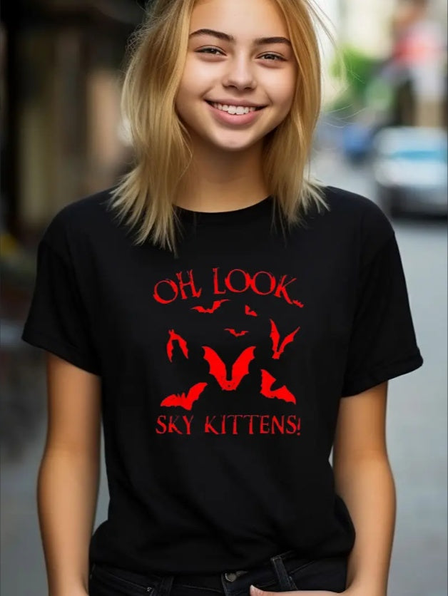 Sky Kittens Bat Print Graphic T-Shirt For Teens -  Hip Hop Loose Style, Crew Neck,  Spring Summer Crew Neck Tee With Animal Pattern - Otaj Gifts