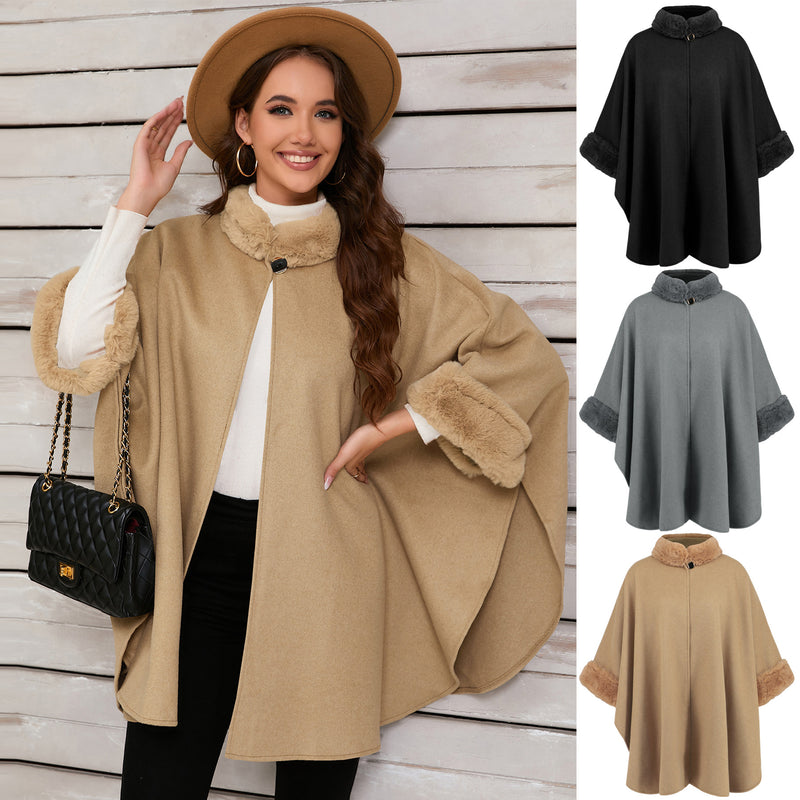 Fashionable Fur Collar Mid-length Coat Cape - Otaj Gifts