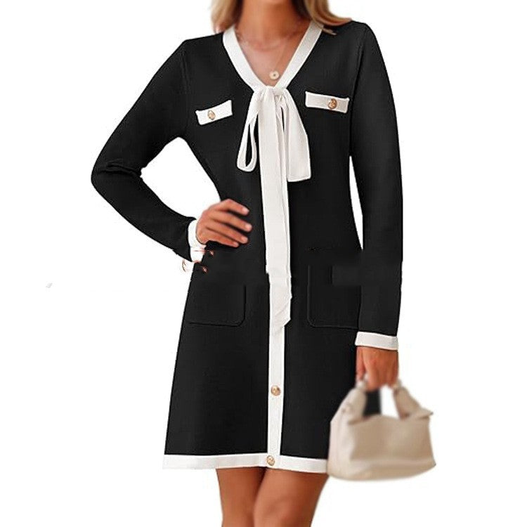 Knitted Lace-up Long Sleeve Dress Women - Otaj Gifts