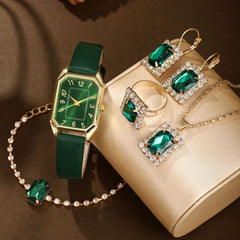 Leather Women's Watch Square Quartz Watch Korean Necklace Earrings Ring Set - Otaj Gifts