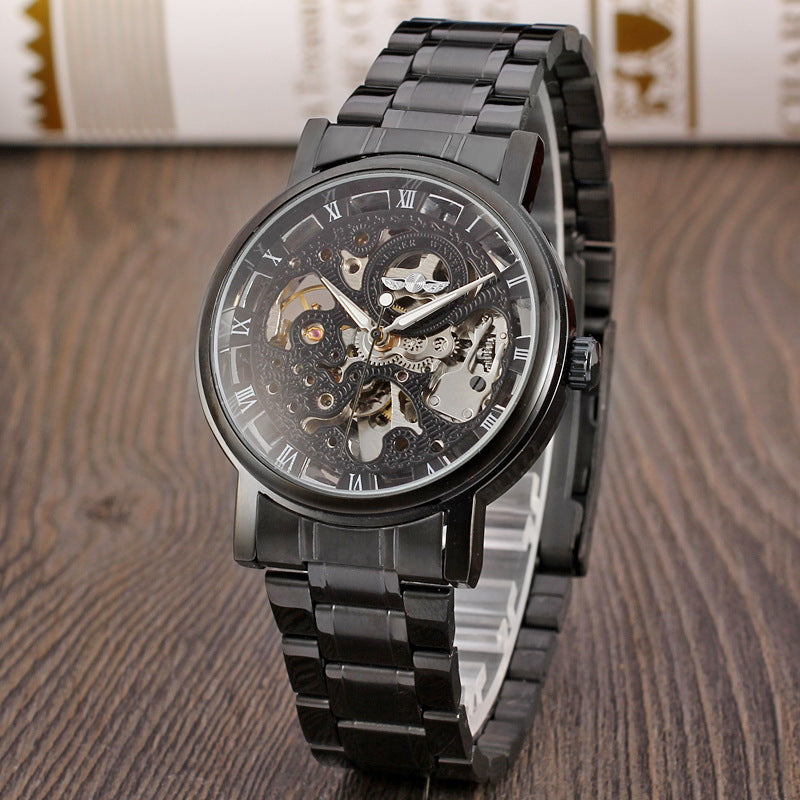 Winner Round Hollow Transparent Mechanical Steel Strap Watch - Otaj Gifts